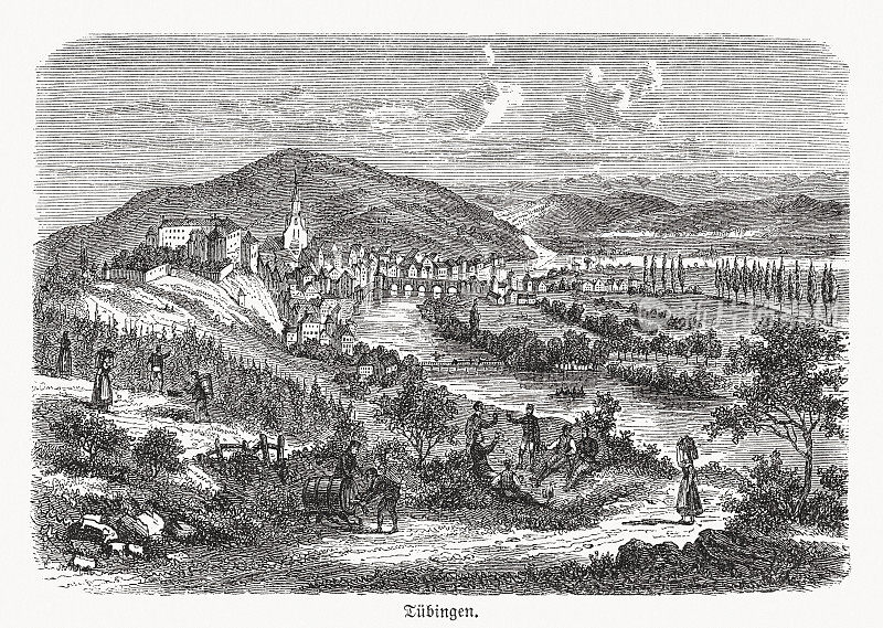 德国巴登-符腾堡州<s:1>宾根的历史观，木版画，1869年出版